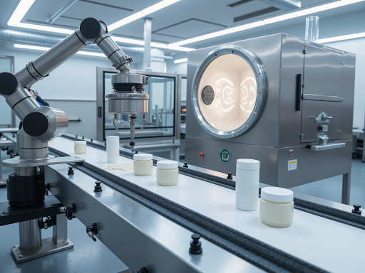 现代化中药饮片生产车间内部,工人身穿洁净服操作自动化设备,洁净室环境,明亮LED照明