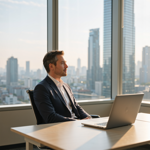 五十岁左右专业男性商务着装,坐在现代化办公桌前,专注的表情,专业背景