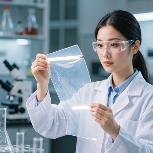 四十岁左右女性科学家穿着白色实验服,戴眼镜,站在实验室环境中,手持研究文件